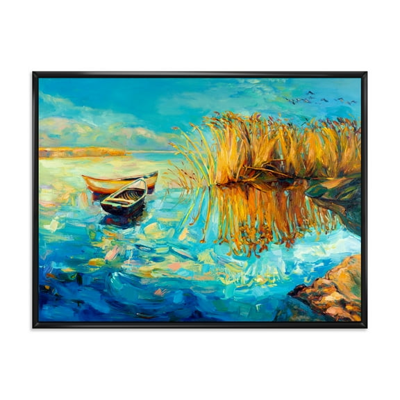 Designart 'Orange Trees With Turquoise Lake During Sunset' Nautical & Coastal Framed Canvas Wall Art Print