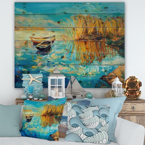 Designart 'Orange Trees With Turquoise Lake During Sunset' Nautical & Coastal Print on Natural Pine Wood