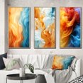 thumbnail image 1 of Designart "Orange Turquoise Liquid Art Vibrant II" Abstract Shapes Framed Wall Art Set Of 3 - Blue Transitional Frame Gallery Set For Office Decor, 1 of 6