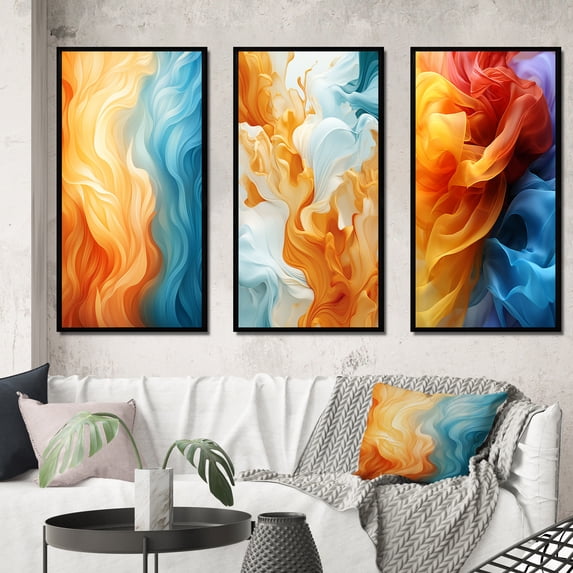 Designart "Orange Turquoise Liquid Art Vibrant II" Abstract Shapes Framed Wall Art Set Of 3 - Blue Transitional Frame Gallery Set For Office Decor