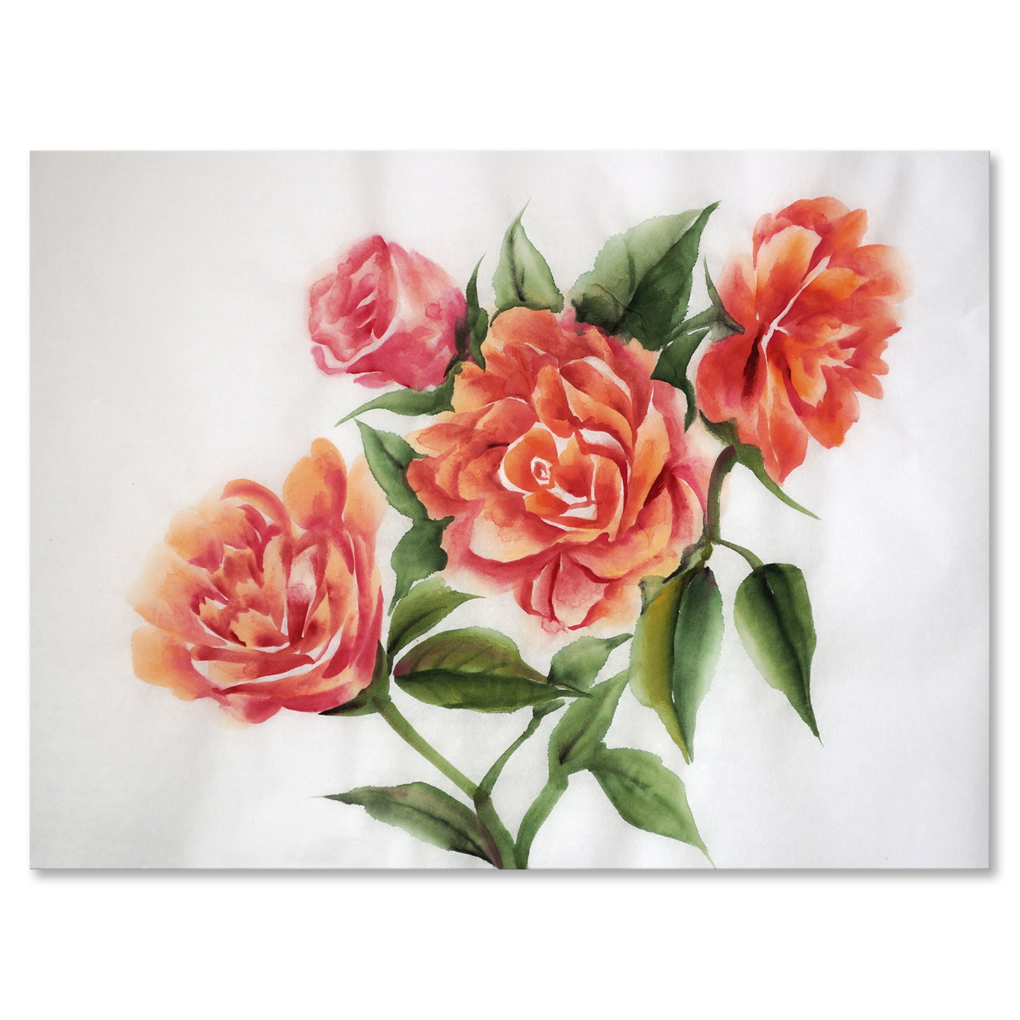 Designart ' Orange VIntage Roses With Green Leaves ' Traditional Canvas Wall Art Print
