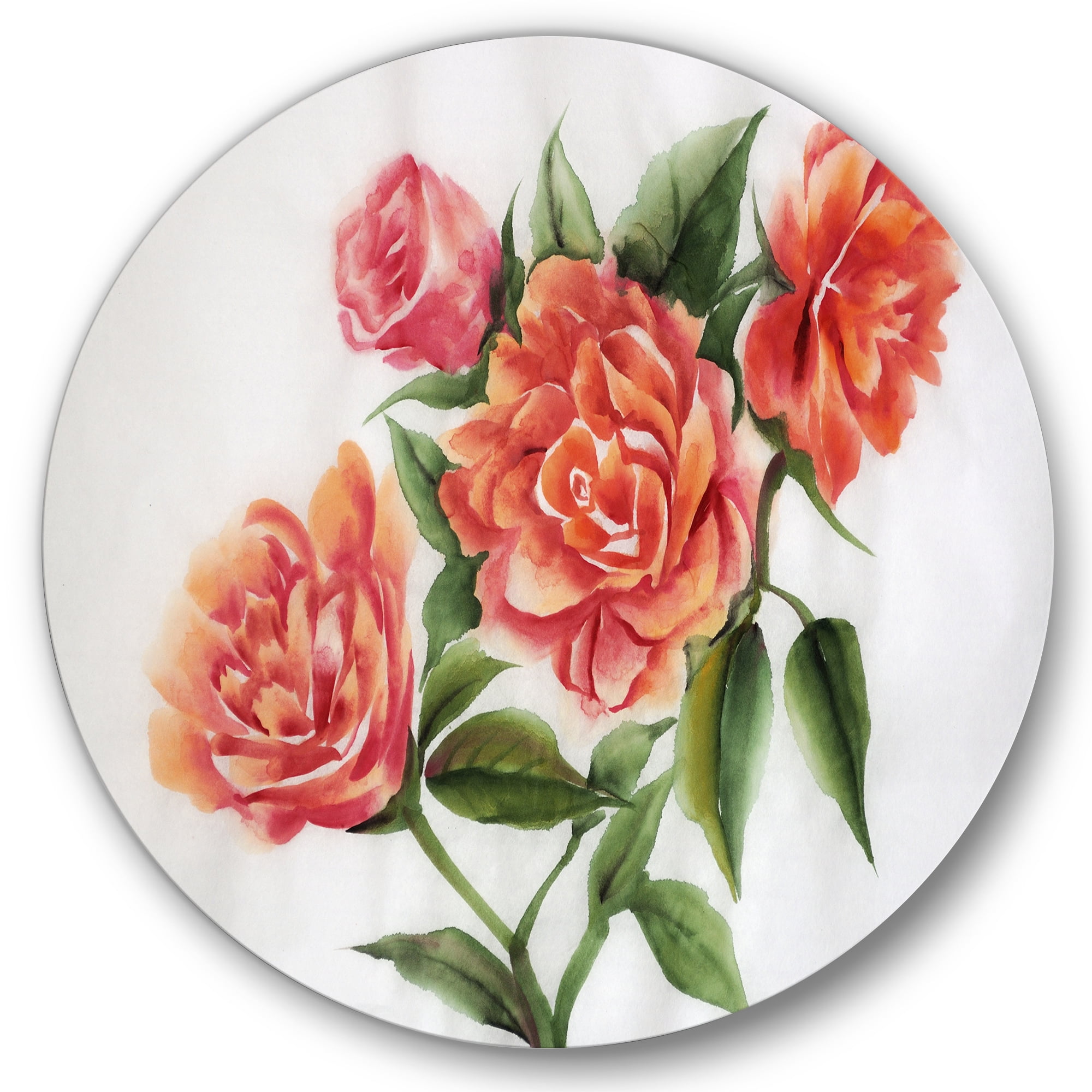 Designart 'Orange VIntage Roses With Green Leaves' Traditional Circle Metal Wall Art 29x29 - Disc of 29