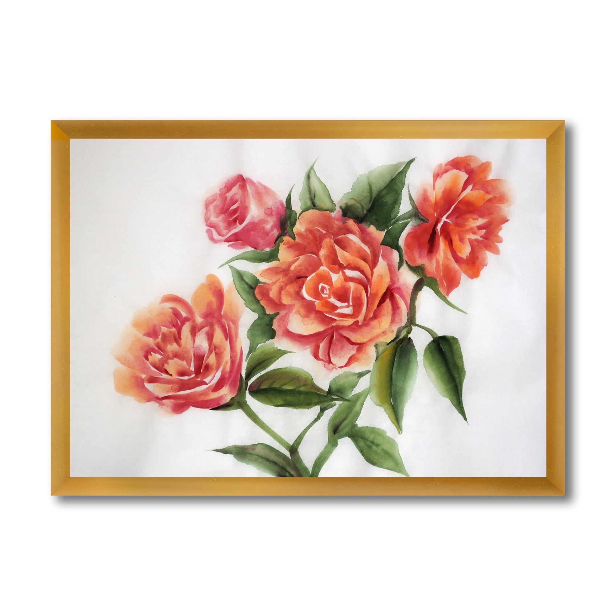 Designart 'Orange VIntage Roses With Green Leaves' Traditional Framed Art Print