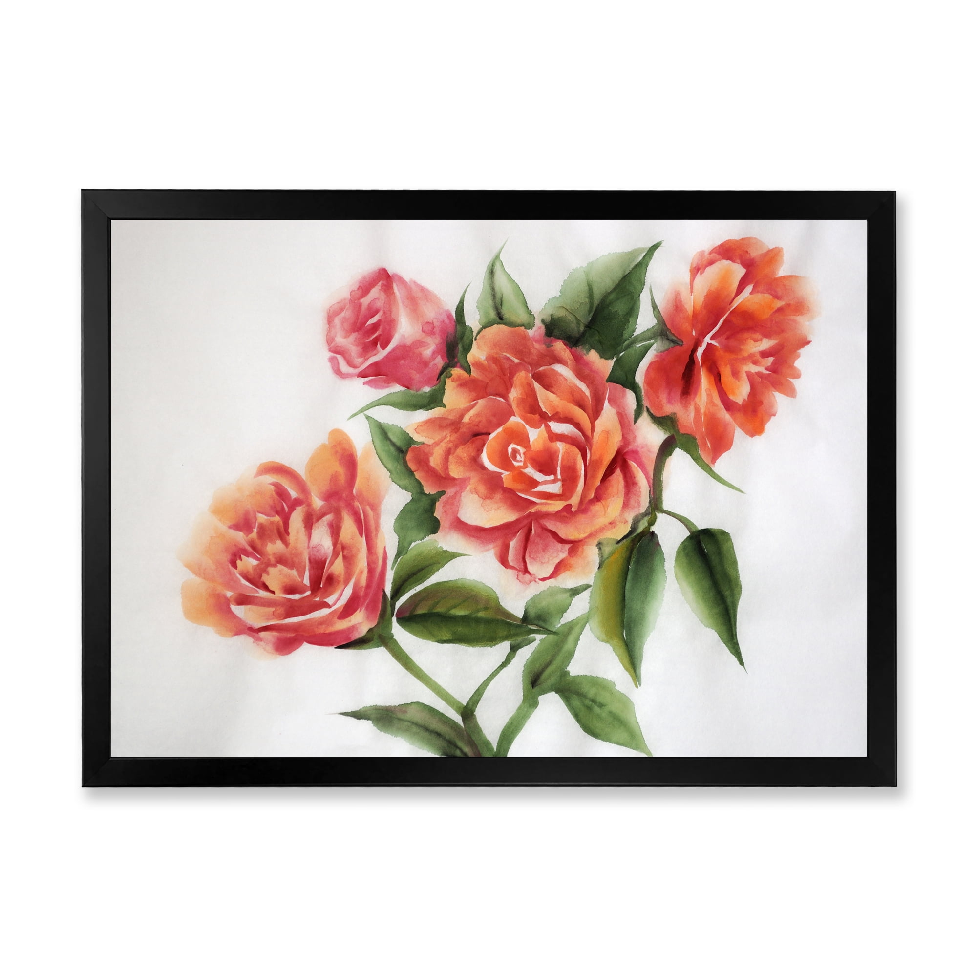 Designart 'Orange VIntage Roses With Green Leaves' Traditional Framed Art Print