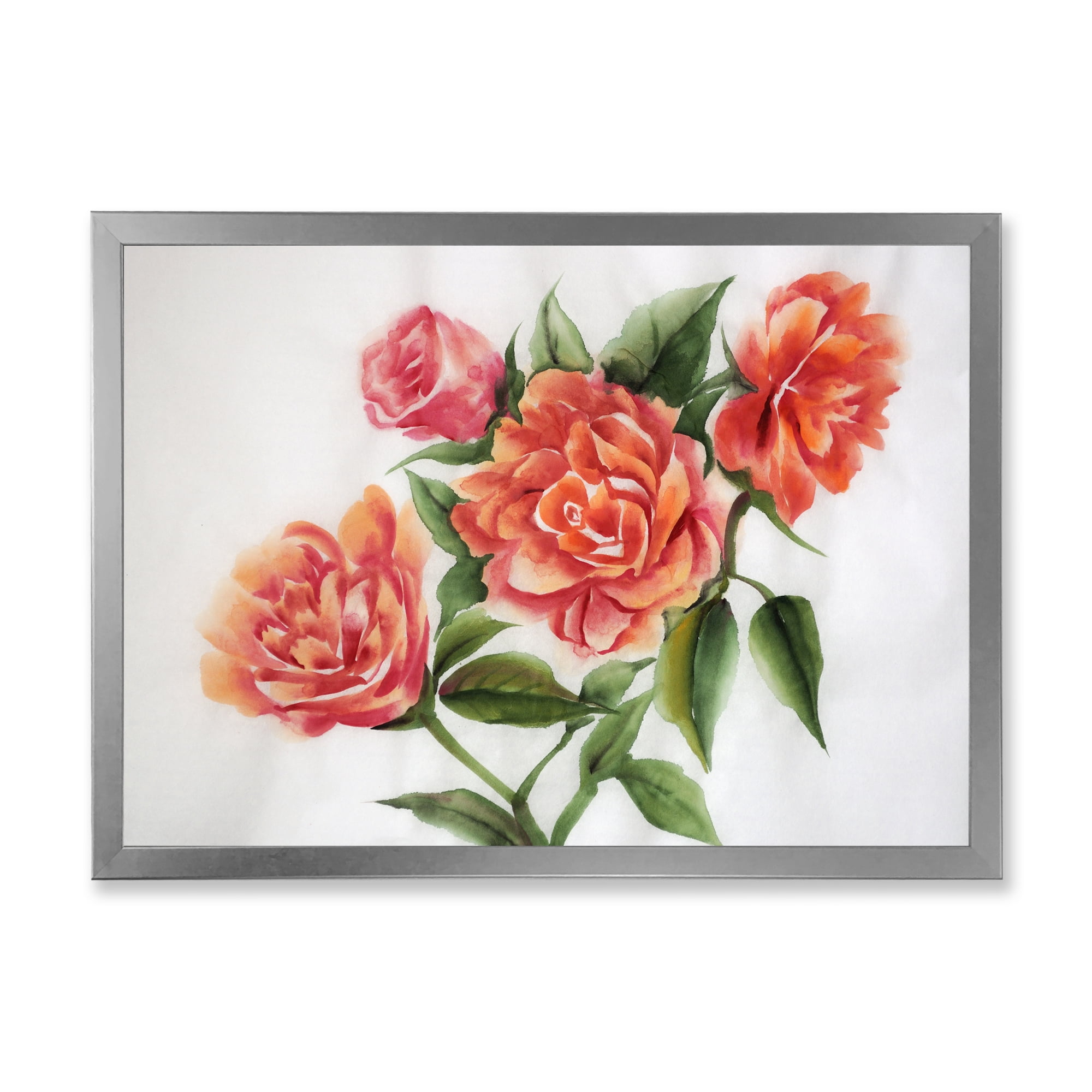 Designart 'Orange VIntage Roses With Green Leaves' Traditional Framed Art Print