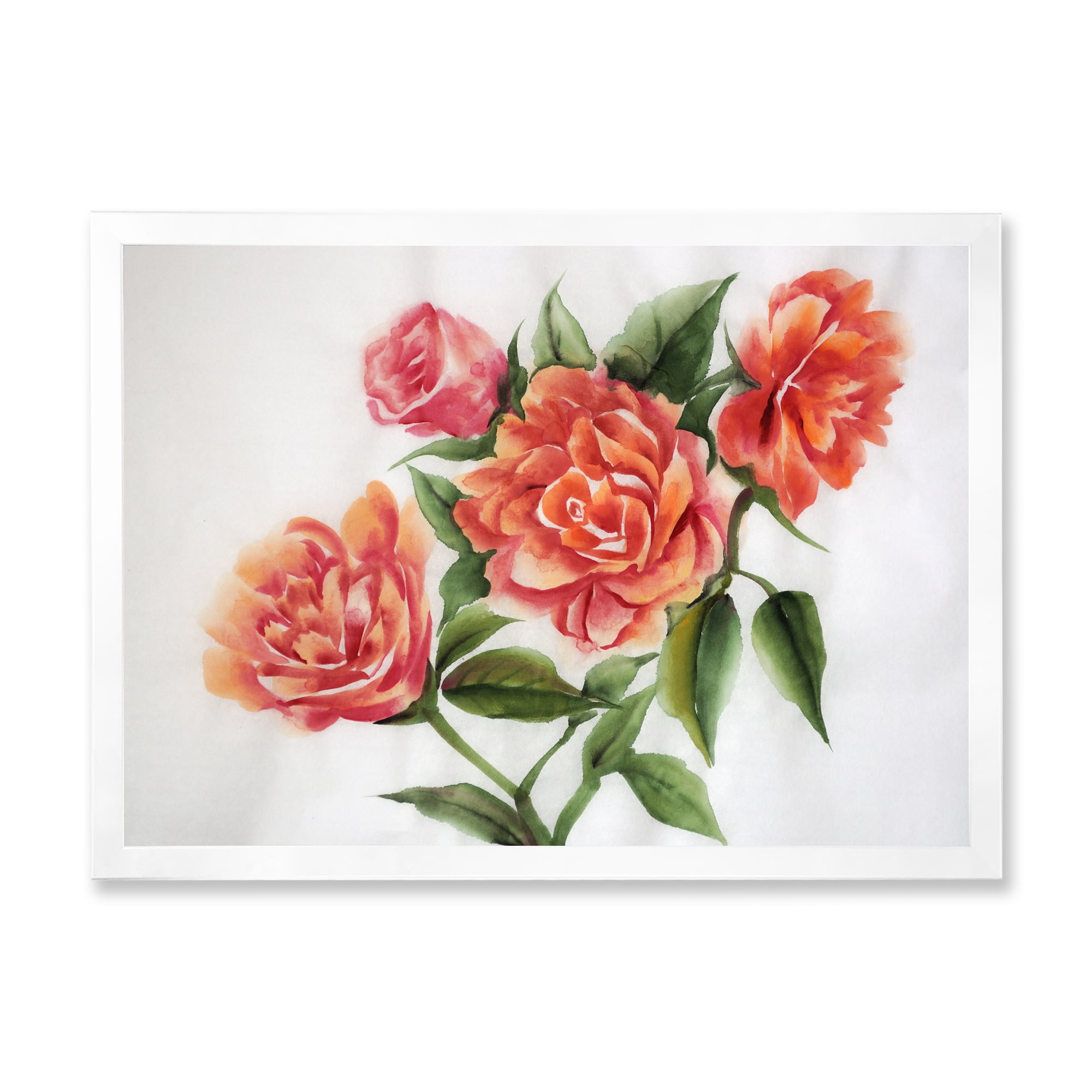 Designart 'Orange VIntage Roses With Green Leaves' Traditional Framed Art Print