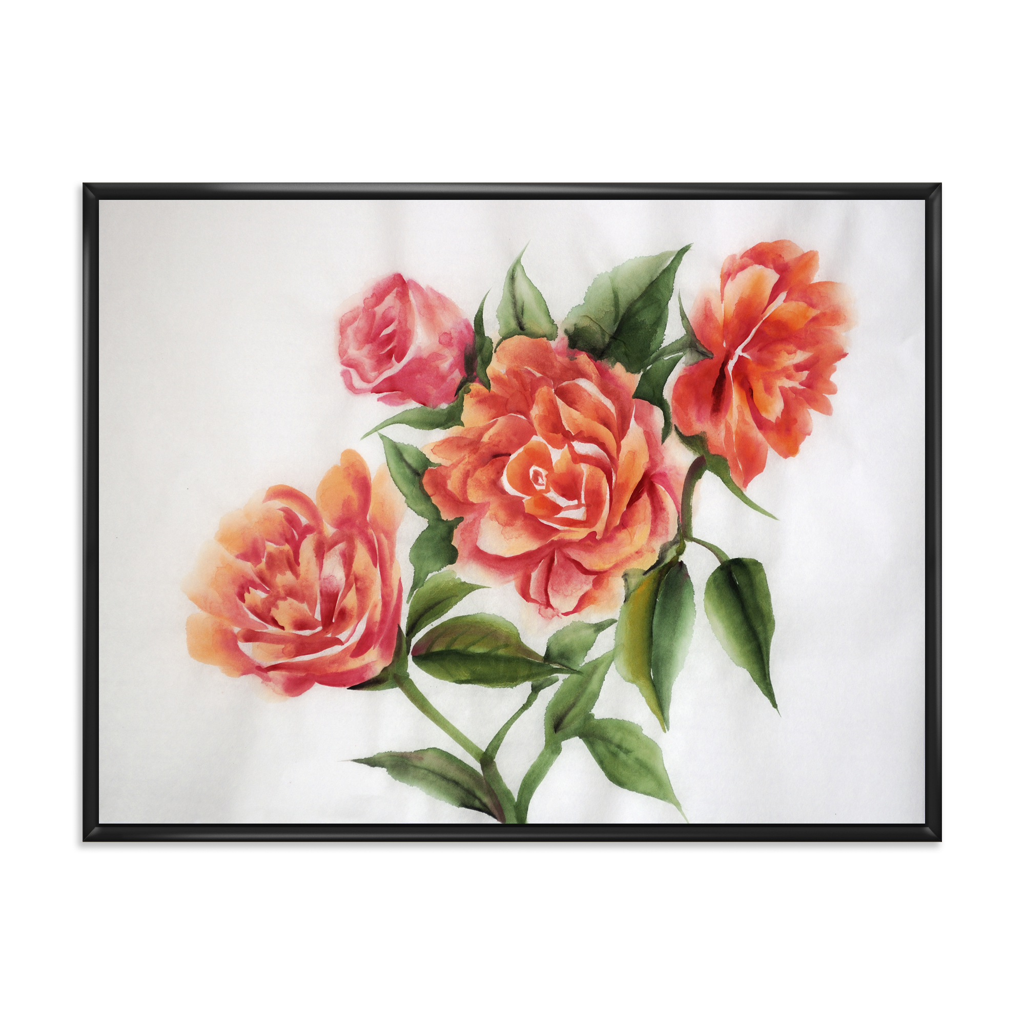 Designart 'Orange VIntage Roses With Green Leaves' Traditional Framed Canvas Wall Art Print