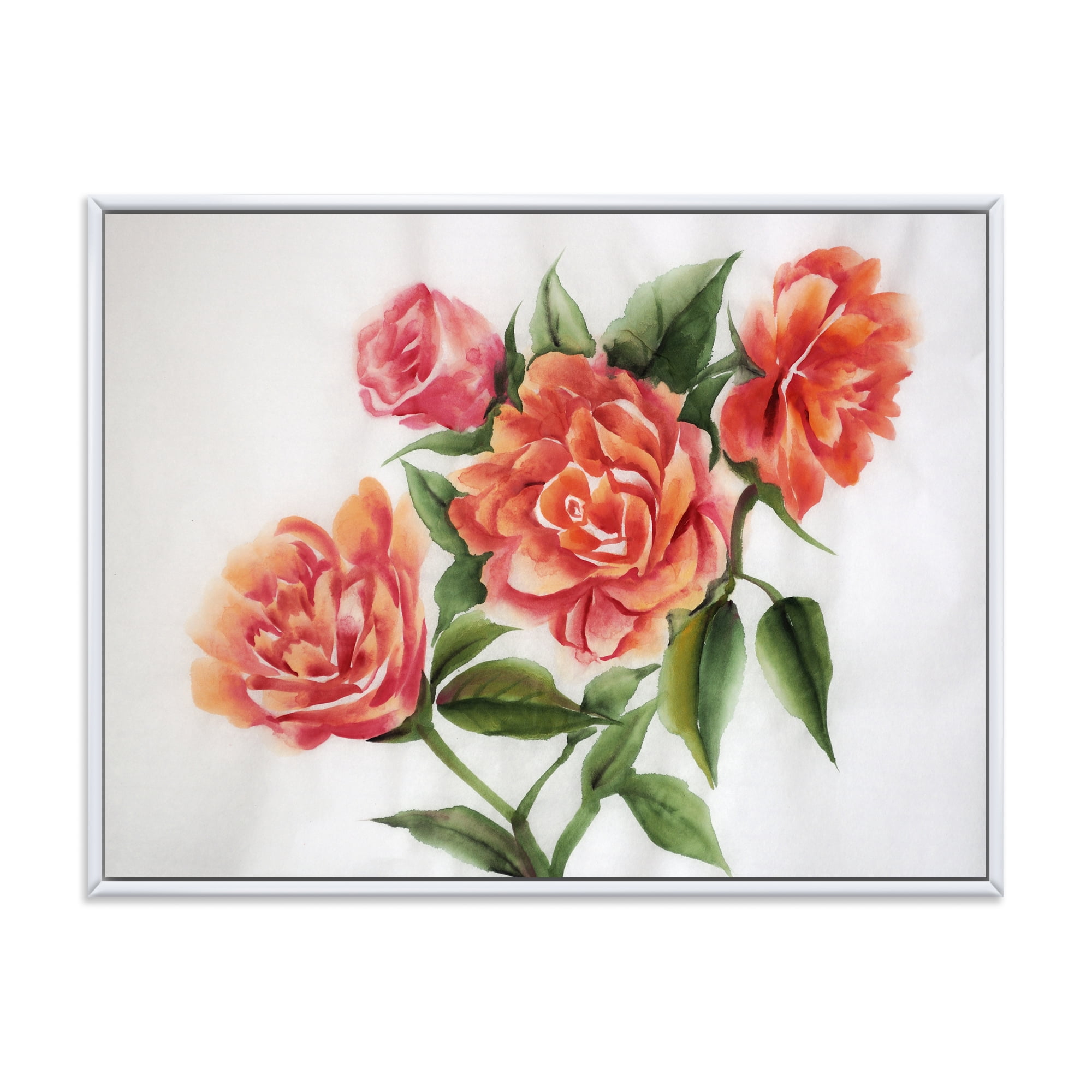 Designart 'Orange VIntage Roses With Green Leaves' Traditional Framed Canvas Wall Art Print