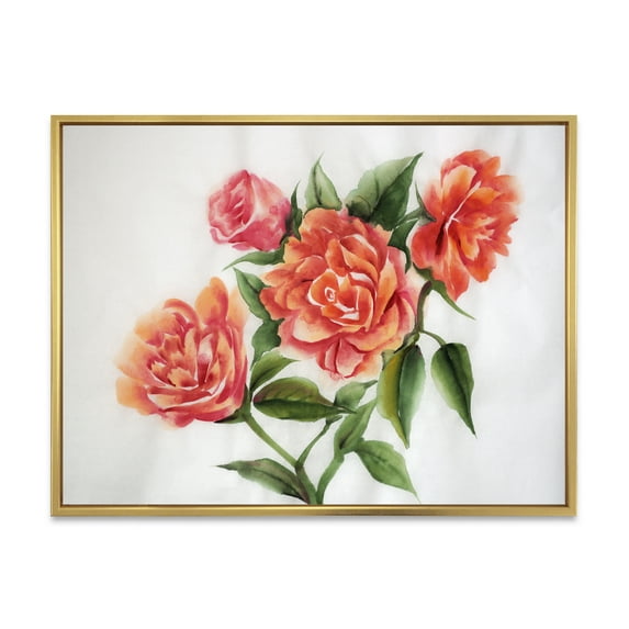 Designart 'Orange VIntage Roses With Green Leaves' Traditional Framed Canvas Wall Art Print