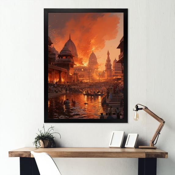 Designart "Orange Varanasi Ghats in Indian Art" People Framed Wall Art - Global Orange Indian Art Bedroom Framed Canvas Wall Art