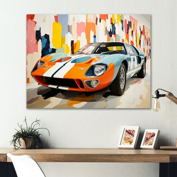 Designart "Orange Vintage American GT race car In Orange and Blue"Race Tracks Metal Wall Art Orange Modern Office Room Wall Art