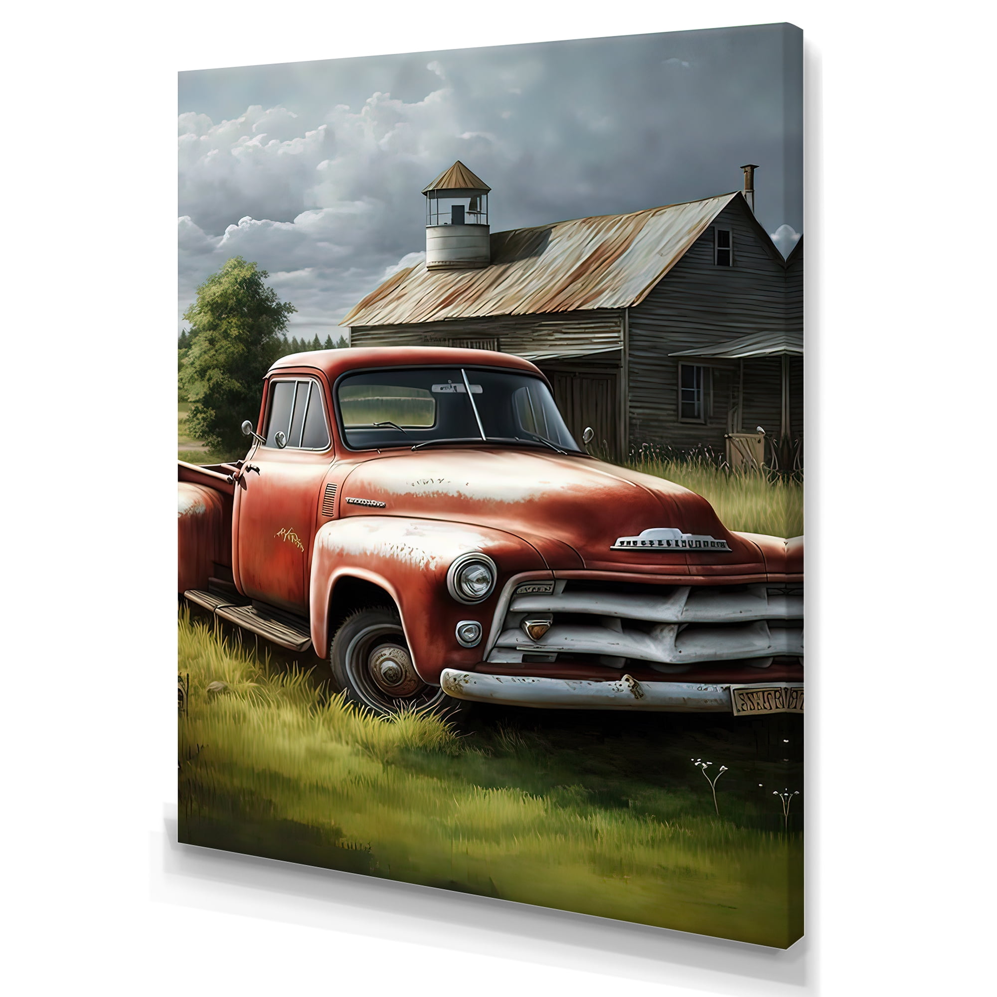 Designart Orange Vintage Truck At The Barn Canvas Wall Art