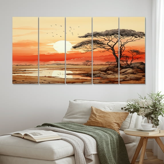 Designart "Orange Yellow African Landscape Savannah Radiance" African Wall Art Prints Set