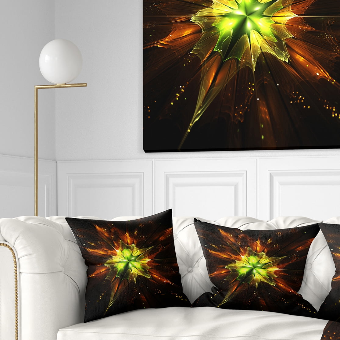 Designart Orange Yellow Green Fractal Flower - Floral Throw Pillow - 16x16