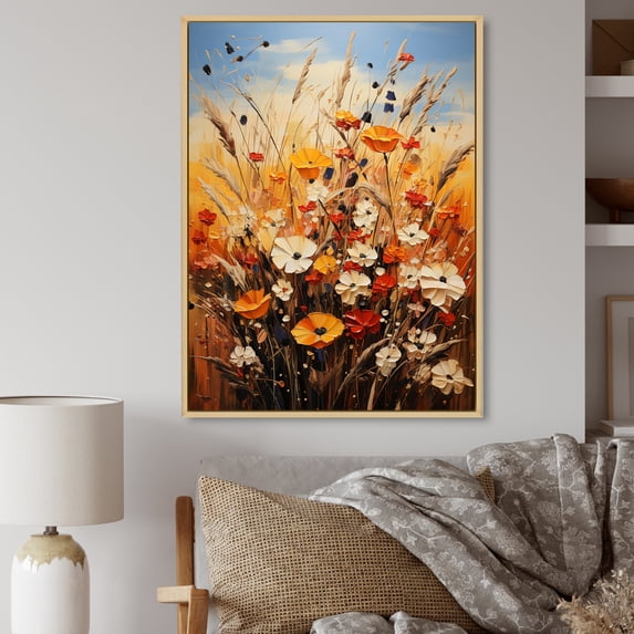 Designart "Orange Yellow Seasonal Flowers Seasonal composition II" Floral Floater Framed Wall Art Living Room