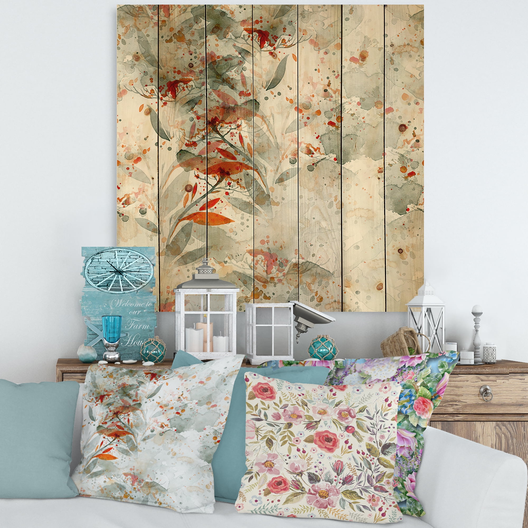 Designart 'Orange and Green Wildflowers II' Modern Print on Natural Pine Wood
