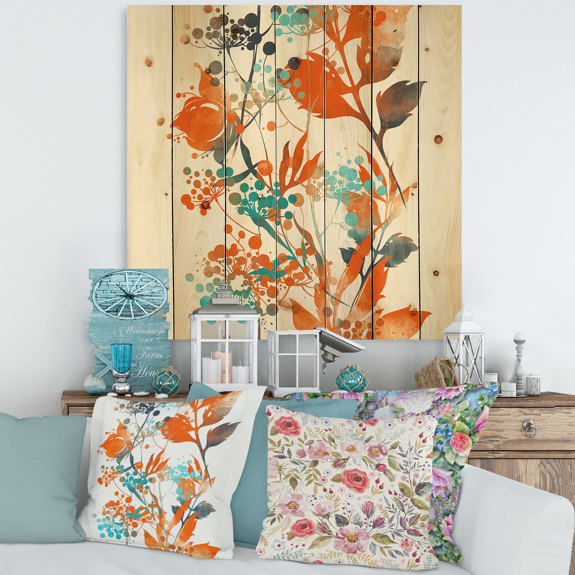 Designart 'Orange and Green Wildflowers III' Modern Print on Natural Pine Wood