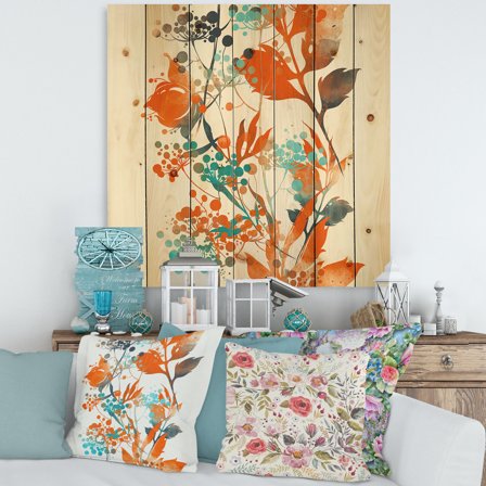 Designart 'Orange and Green Wildflowers III' Modern Print on Natural Pine Wood