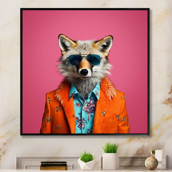 Designart "Orange and Pink Fox Fashion" Animals Framed Wall Art - Traditional Orange Fox Bedroom Framed Canvas Wall Art