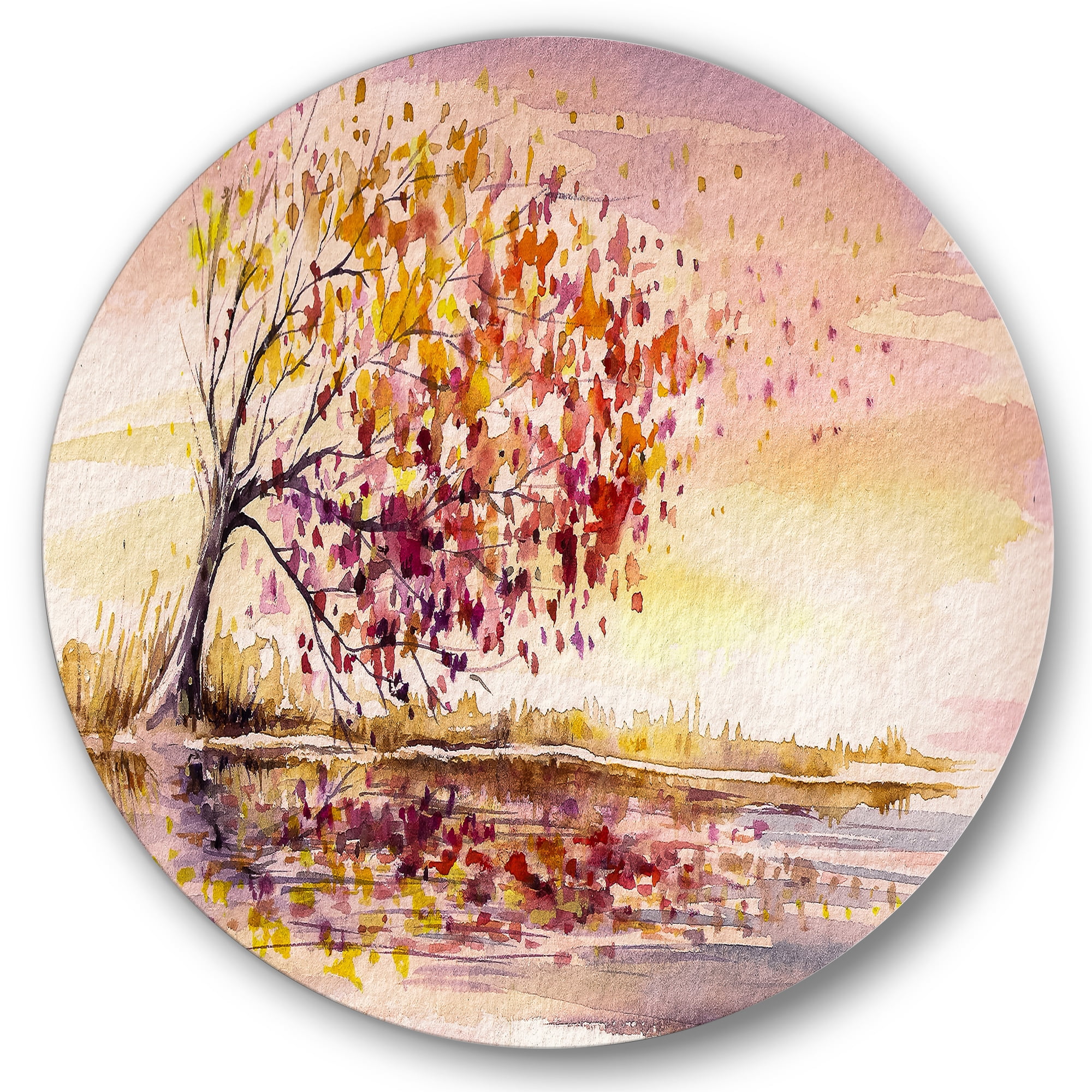 Designart 'Orange and Yellow Autumn Tree' Traditional Circle Metal Wall Art 36x36 - Disc of 36