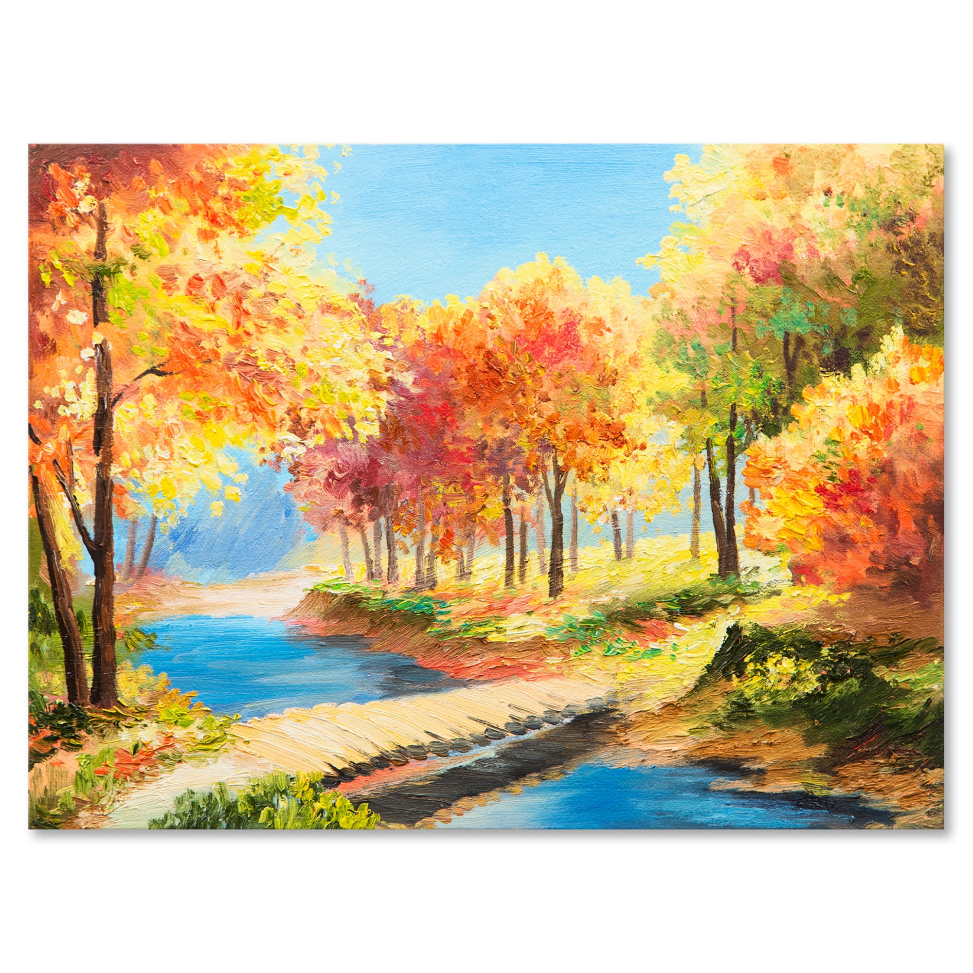 Designart ' Orange and Yellow Trees By The Riverside ' Lake House Canvas Wall Art Print
