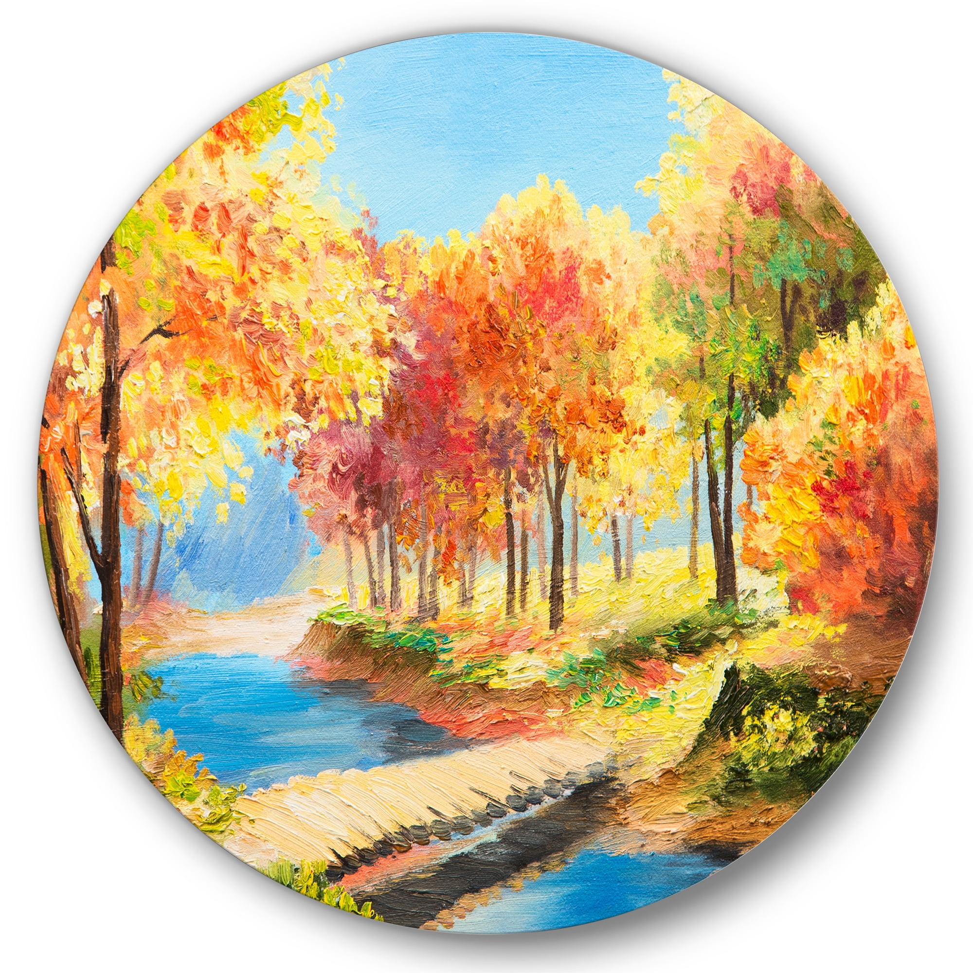 Designart 'Orange and Yellow Trees By The Riverside' Lake House Circle Metal Wall Art 11x11 - Disc of 11