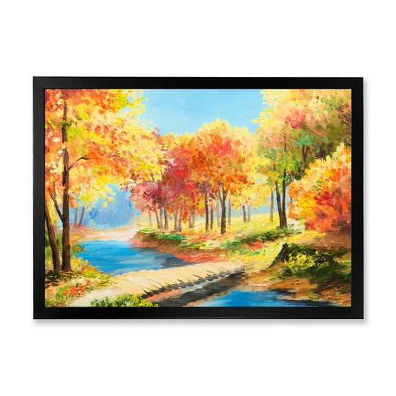 Designart 'Orange and Yellow Trees By The Riverside' Lake House Framed Art Print