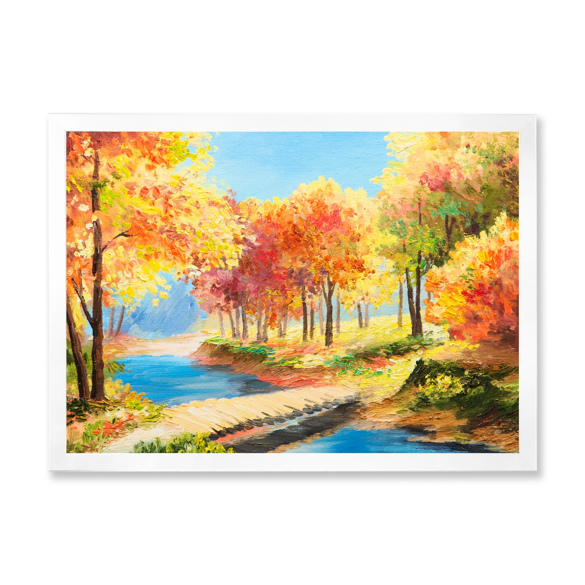 Designart 'Orange and Yellow Trees By The Riverside' Lake House Framed Art Print