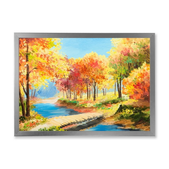 Designart 'Orange and Yellow Trees By The Riverside' Lake House Framed Art Print