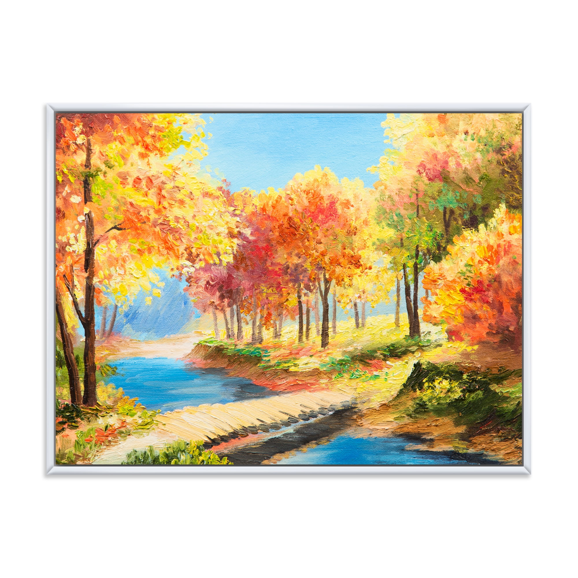Designart 'Orange and Yellow Trees By The Riverside' Lake House Framed Canvas Wall Art Print