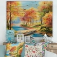 thumbnail image 1 of Designart 'Orange and Yellow Trees By The Riverside' Lake House Print on Natural Pine Wood, 1 of 5
