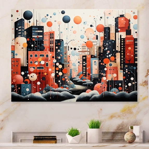 Designart "Orange bubble cityscape art deco II In Orange and Black"City Art Deco Metal Wall Art Orange Industrial Office Room Wall Art
