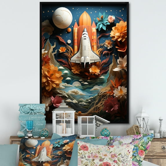 Designart "Orbiting Earth Space Shuttle Adventure II" Space Shuttle Floater Framed Canvas Print