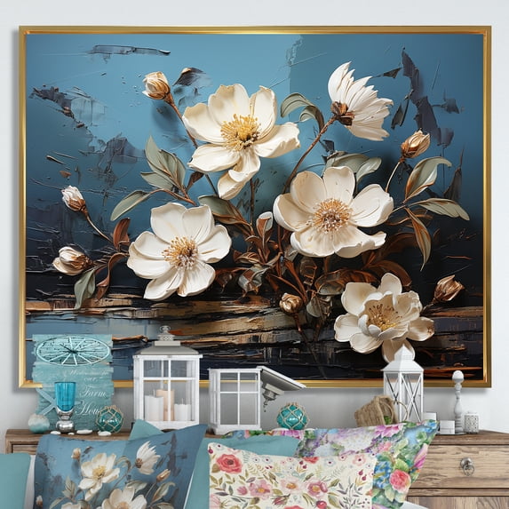 Designart "Orchid Dreams White and Blue Blossoms I" Floral Framed Wall Art - Modern Farmhouse Gold Abstract Floral Living Room Framed Canvas Art