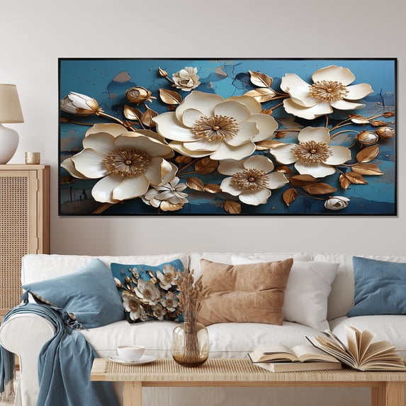 Designart "Orchid Elegance Golden, White, and Blue Blossoms II" Extra Large Floral Framed Wall Art - Modern Farmhouse Gold Abstract Floral Hallway Framed Wall Art Decor