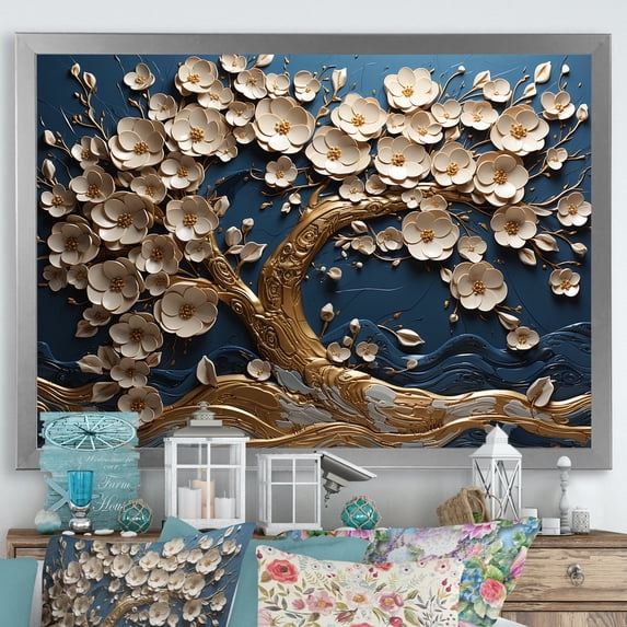 Designart "Orchid Elegance Golden, White, and Blue Blossoms I" Landscapes Framed Wall Art Decor - Country Gold Tree Entryway Framed Wall Art Print