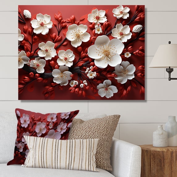 Designart "Orchid Elegance White and Red Blossoms I" Oversized Floral Wall Art - Modern Farmhouse Red Abstract Floral Bedroom Canvas Wall Art