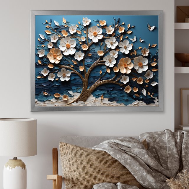 Designart "Orchid Garden Blue and White Tree II" Landscapes Framed Wall