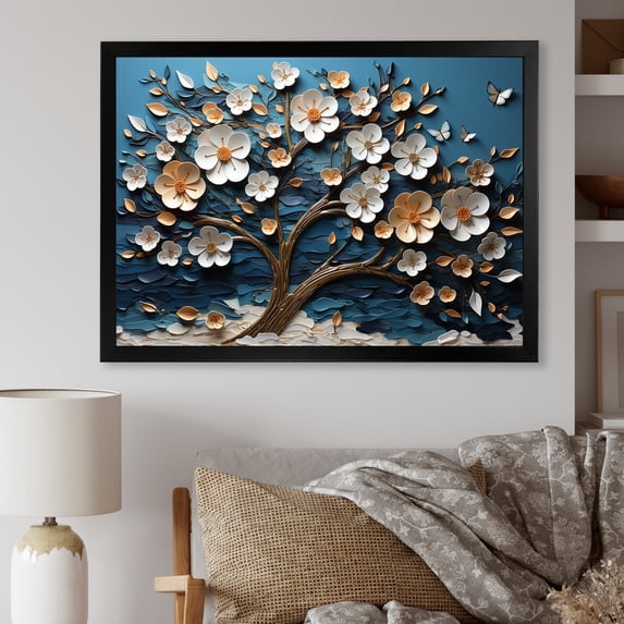 Designart "Orchid Garden Blue and White Tree II" Landscapes Framed Wall Art Decor - Country Gold Tree Bedroom Framed Canvas Wall Art