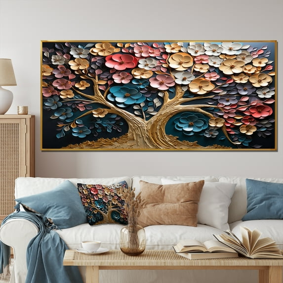 Designart "Orchid Haven Colorful Golden Branches I" Extra Large Landscapes Framed Wall Art - Country Colorful Tree Entryway Framed Wall Art Print