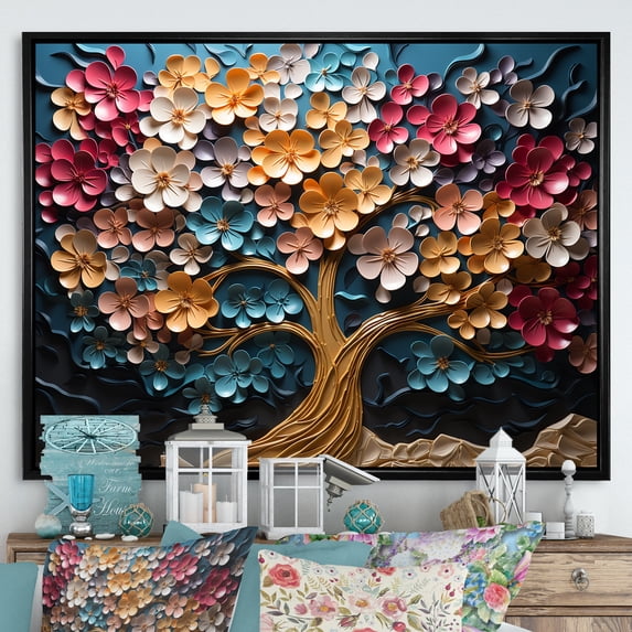 Designart "Orchid Haven Colorful Golden Branches II" Landscapes Framed Wall Art - Country Colorful Tree Entryway Framed Wall Art