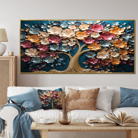 Designart "Orchid Haven Colorful Golden Branches V" Extra Large Landscapes Framed Wall Art - Country Colorful Tree Bedroom Framed Canvas Wall Art