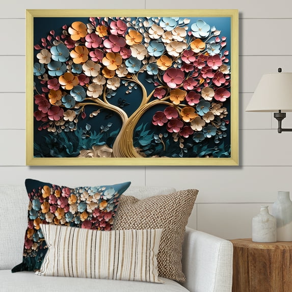 Designart "Orchid Haven Colorful Golden Branches VI" Landscapes Framed Wall Art Decor - Country Colorful Tree Entryway Framed Wall Art