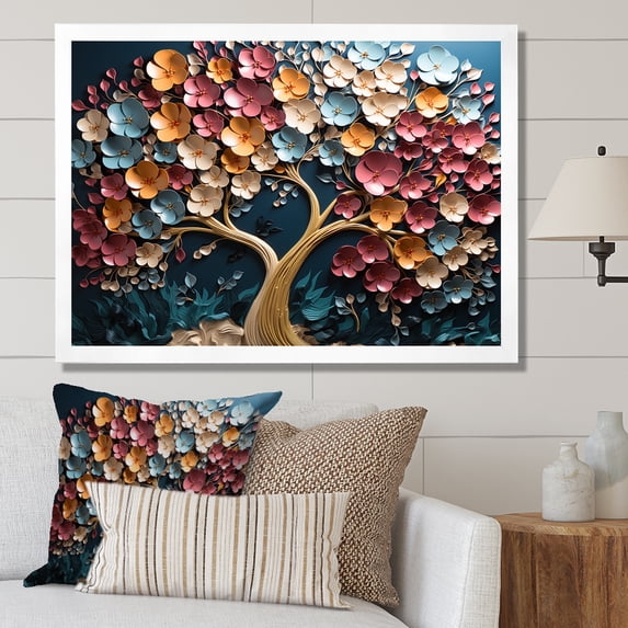 Designart "Orchid Haven Colorful Golden Branches VI" Landscapes Framed Wall Art Decor - Country Colorful Tree Entryway Framed Wall Art