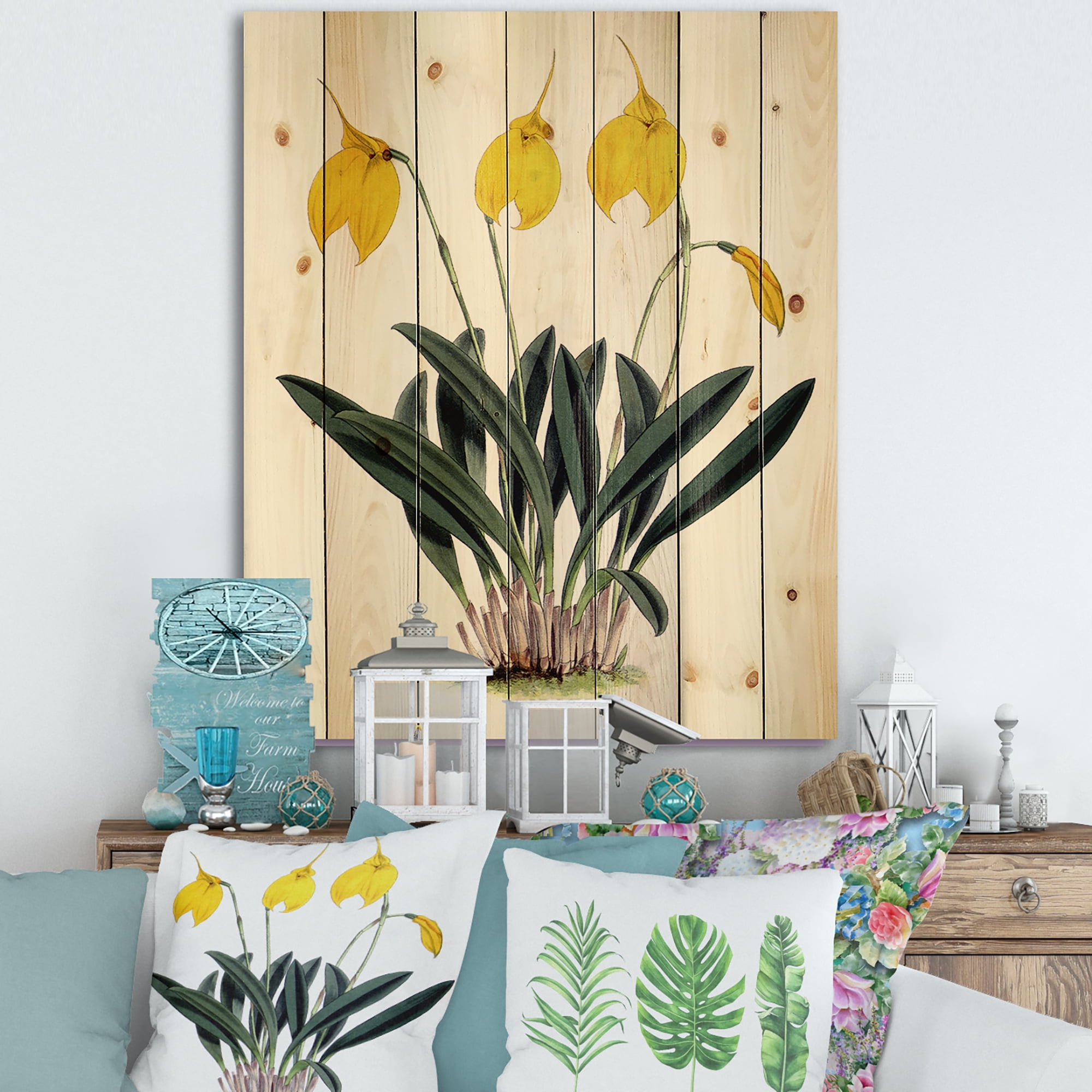 Designart 'Orchid Retro Flowers' Farmhouse Print on Natural Pine Wood