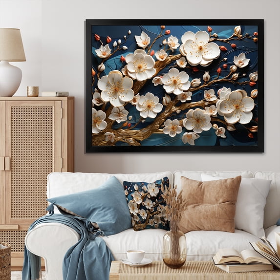 Designart "Orchid Serenity White and Blue Garden II" Floral Framed Wall Art Decor - Modern Farmhouse Gold Abstract Floral Entryway Framed Wall Art Print