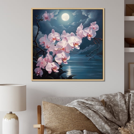 Designart "Orchids In Moonlit Waterscape" Orchids Floater Framed Wall Art Prints