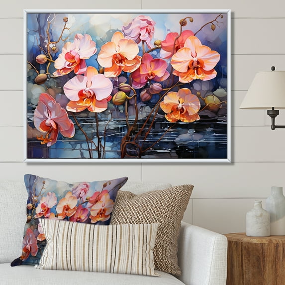 Designart "Orchids In Wild Pink And Orange Expression I" Orchids Floater Framed Canvas Prints