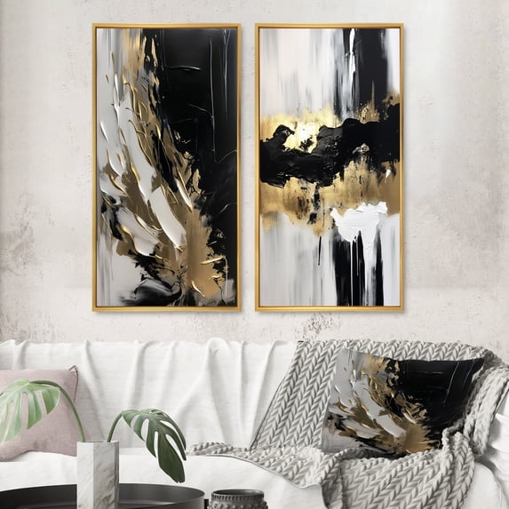 Designart "Organic Bliss Minimalist Abstract in Gold and Black" Abstract Painting Framed Wall Art Set Of 2 - Modern Gold Frame Gallery Set For Office Decor