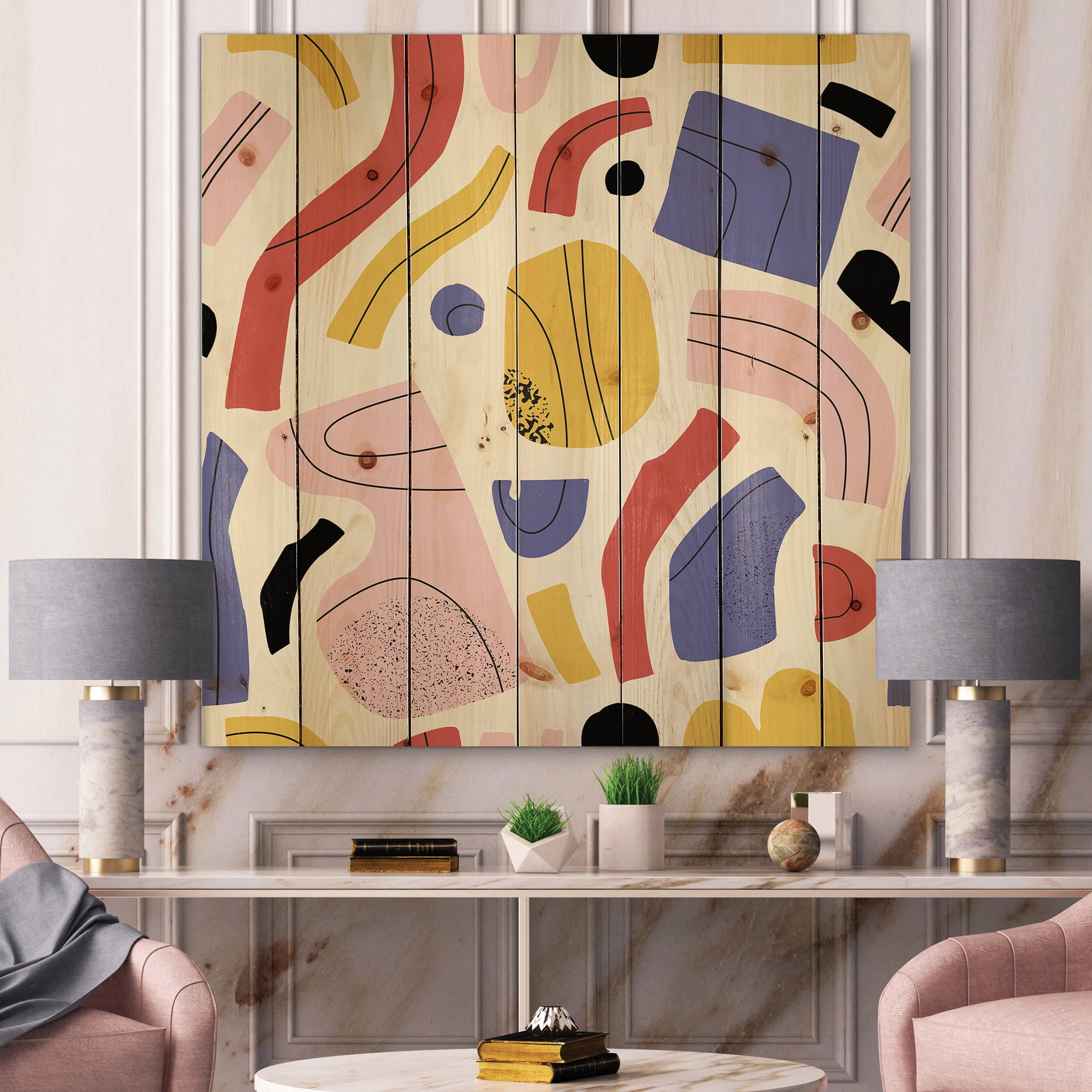 Designart 'Organic and Elements In Pink Yellow and Red' Modern Print on Natural Pine Wood
